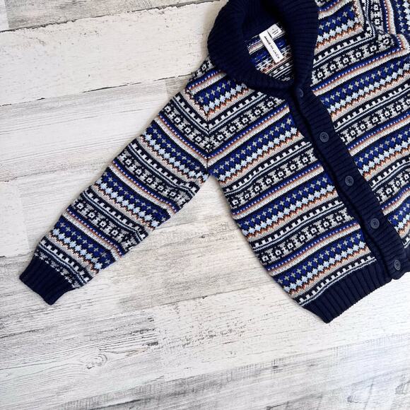 Janie and Jack Boys Cardigan Sweater 4 Blue Fair Isle Shawl Collar Knit Winter - Picture 4 of 6